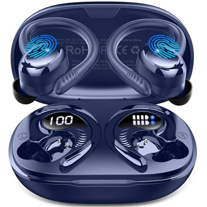 Hupoaf Wireless Earbuds Sport, 2025 Bluetooth 5.4 Headphones with Earhooks, 50H Stereo Deep Bass Over Ear Buds with 4 ENC Noise Canceling Mics, IP7 Waterproof Earphones for Running Workout Gym -Blue - color: A-Dark Blue