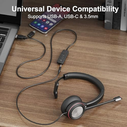 USB Headset with Microphone for PC, Mono Wired Computer Headset with 3.5mm & USB Dual Plug, Noise Cancelling Office Headphones for Call Center, Zoom, Teams, Laptop Mac - color: Mono