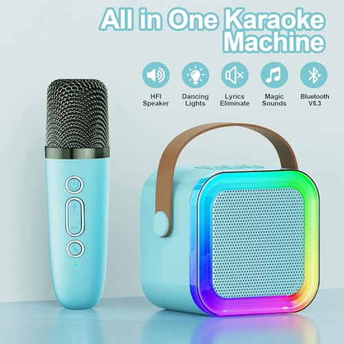Kids Karaoke Machine Toy Ages 3-12, 2 Wireless Mics BT Speaker, Blue | Voice Changer, LED Party Lights, Duets, BT 5.3, Mini Rechargeable Portable, Christmas Birthday Gifts for Toddler Boys & Girls - color: Blue - 2
