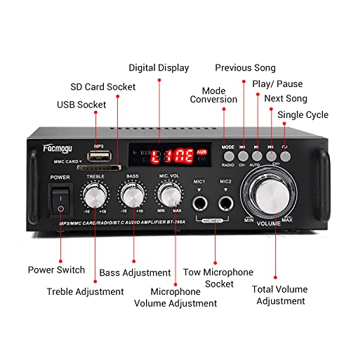 Facmogu 298A 2채널 블루투스 5.0 오디오 앰프 300W 무선 앰프 | FM, AUX, USB, SD, 마이크 입력이 있는 스테레오 수신기 | 트레블 및 베이스 포함 | 홈 시어터 스피커, 노래방, 차고용 - style: 최대 300Wx2