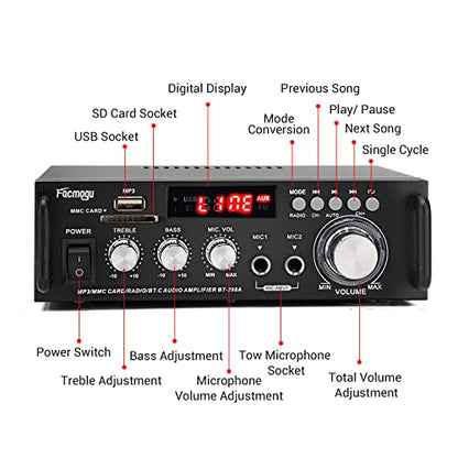 Facmogu 298A 2채널 블루투스 5.0 오디오 앰프 300W 무선 앰프 | FM, AUX, USB, SD, 마이크 입력이 있는 스테레오 수신기 | 트레블 및 베이스 포함 | 홈 시어터 스피커, 노래방, 차고용 - style: 최대 300Wx2