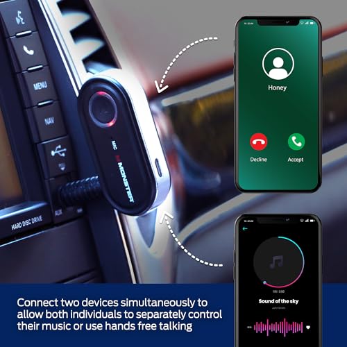 Monster Bluetooth Audio Receiver for Car & Home Stereo, Wireless 3.5 mm AUX Adapter for Speakers & Wired Headphones, Hands-Free Calling, Siri & Google Assistant Compatible