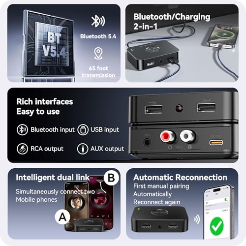 Bluetooth 5.4 Receiver with USB/AUX/RCA Outputs, HiFi Wireless Audio Receiver with Remote, USB Playback & Type-C Power – No Battery, Bluetooth Audio Adapter for Old Stereo and Home Theater System.