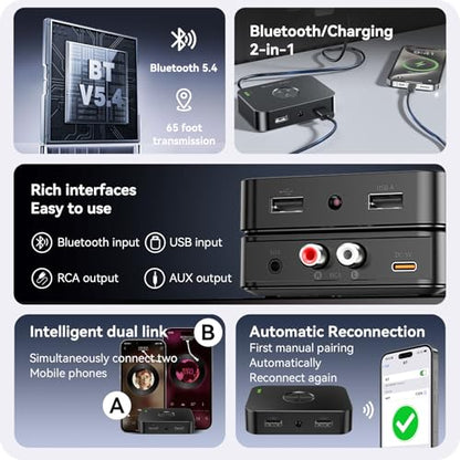 Bluetooth 5.4 Receiver with USB/AUX/RCA Outputs, HiFi Wireless Audio Receiver with Remote, USB Playback & Type-C Power – No Battery, Bluetooth Audio Adapter for Old Stereo and Home Theater System.