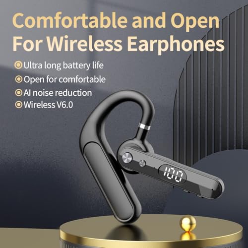 Single Bluetooth Phone Earpiece 48Hrs Earbud One Ear Piece Open Ear Bud Air Bone Conduction Earless Out of Ear Headphones Bluetooth Wireless Headset with Mute Microphone Earhook for Work