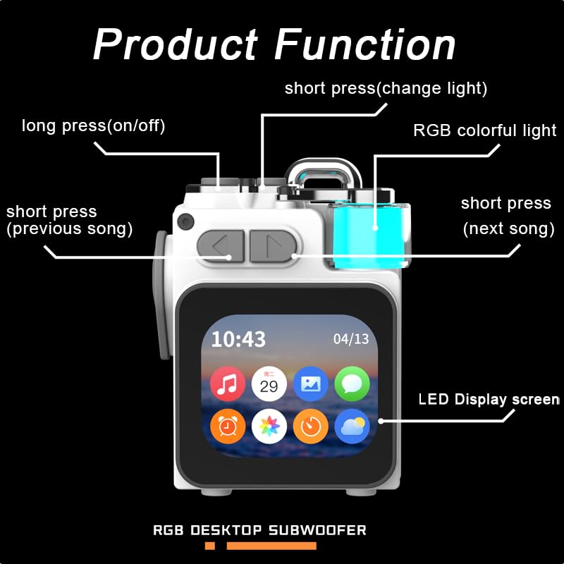 Wireless Bluetooth Speaker Mini, 2-Inch Screen RGB Subwoofer, Small Speaker Portable with Alarm Clock, Weather, Calendar,6H Battery, Metal Pendant Waterproof Large Hd Sound Pocket Stereo - color: Black