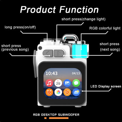 Wireless Bluetooth Speaker Mini, 2-Inch Screen RGB Subwoofer, Small Speaker Portable with Alarm Clock, Weather, Calendar,6H Battery, Metal Pendant Waterproof Large Hd Sound Pocket Stereo - color: Black