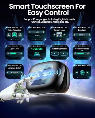LEEMC Wireless Earbuds Bluetooth 6.0 with ANC Touchscreen 40H Bass | Noise Cancelling Ear Buds with Ear Hooks for iOS, Android, Sports, Workout, Lightweight Over-ear Headphones Stereo Sound