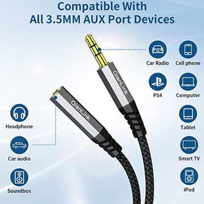QianLink Headphone Extension Cable, (2-Pack, 6.6ft) 3.5mm Extension Audio Male to Female Aux Adapter Hi-Fi Sound Stereo Extender TRS Cord for Headset, iPhone, iPad, Smartphones, Tablets Media Players