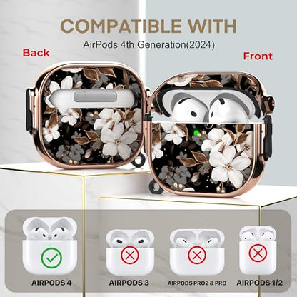 for AirPods 4 Case with Safety Lock, Magsafe Compatible, Flower | Double Secure Lock,Drop Protection,Two-Piece Design,with Gold Keychain, Anti Lost, Dustproof, Cute AirPod 4 Case - color: Black + White, size: AirPods 4 Case