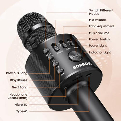 BONAOK Wireless Bluetooth Karaoke Microphone,3-in-1 Portable Handheld Karaoke Mic Speaker Machine Home Party Birthday for All Smartphones Q37 (Black) | Bluetooth 5.0, 8H Playtime, Echo Mode,Built-in Speaker, SD Card, for iPhone iPad, Handheld,Home Karaoke