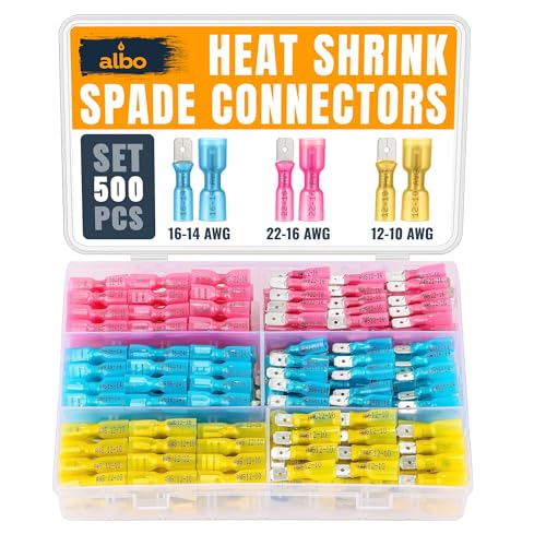 ALBO 500 Pcs Heat Shrink Male and Female Spade Connector Kit, 22-10 AWG | Matched Quick-Disconnect Pairs, Secure Fit Helps Prevent Loose and Exposed Wiring - color: Spaed Set 500pcs 22-10 AWG