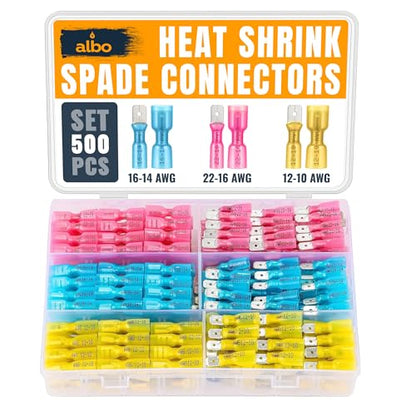 ALBO 500 Pcs Heat Shrink Male and Female Spade Connector Kit, 22-10 AWG | Matched Quick-Disconnect Pairs, Secure Fit Helps Prevent Loose and Exposed Wiring - color: Spaed Set 500pcs 22-10 AWG