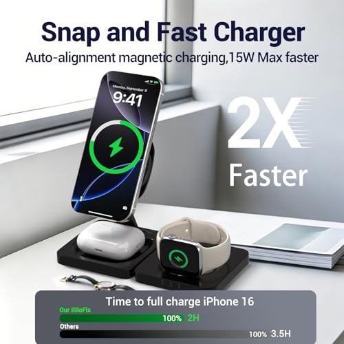 3 in 1 Wireless Charging Station for Apple Magsafe Charger Stand,Fast Magnetic Wireless Charger Station for iPhone 17 Air 16 15 14 13 12 Series,Airpods Pro,Apple Watch Ultra (Black) - color: Black