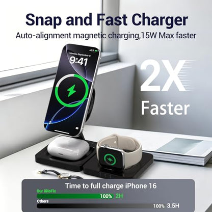 3 in 1 Wireless Charging Station for Apple Magsafe Charger Stand,Fast Magnetic Wireless Charger Station for iPhone 17 Air 16 15 14 13 12 Series,Airpods Pro,Apple Watch Ultra (Black) - color: Black