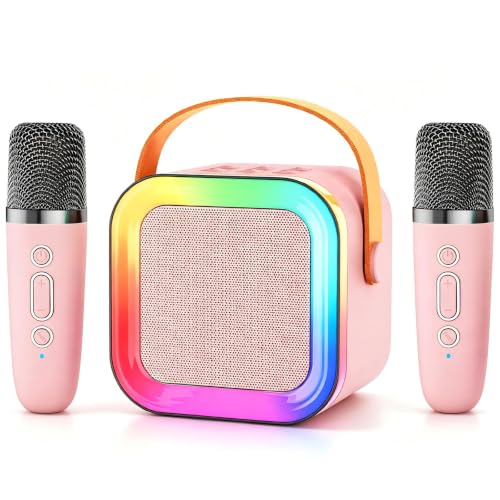 Kids Karaoke Machine Toy Ages 3-12, 2 Wireless Mics BT Speaker, Pink | Voice Changer, LED Party Lights, Duets, BT 5.3, Mini Rechargeable Portable, Christmas Birthday Gifts for Toddler Boys & Girls - color: Pink - 2