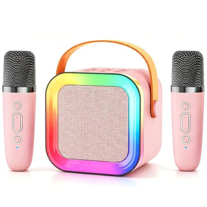 Kids Karaoke Machine Toy Ages 3-12, 2 Wireless Mics BT Speaker, Pink | Voice Changer, LED Party Lights, Duets, BT 5.3, Mini Rechargeable Portable, Christmas Birthday Gifts for Toddler Boys & Girls - color: Pink - 2