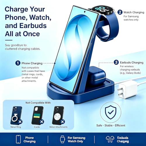 Wireless Charging Station for Samsung/Android, Fast Wireless Watch Charger Station Compatible for Samsung Galaxy S26 Ultra/S25/S24+/Z Flip 7/6 Fold 7/6, Watch8/7/Pro/Active 2 Galaxy Buds3/2 Pro(Blue) - color: Blue