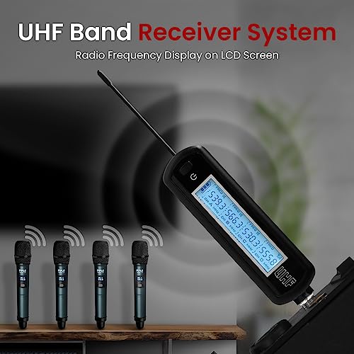 Pyle Portable UHF Band Receiver System, 4 Channel Wireless Microphone System Independent Channel Controls, RF Signal LCD Indicator, Digital Audio Microphone Set with 4 Handheld Microphones - style: 4UHF-GREEN