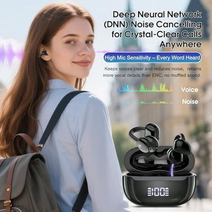 Open Ear Earbuds Wireless Clip on Headphones Bluetooth 5.4 Ear Buds with DNN Noise Cancelling, 48H Playtime, Low Latency, Fashion Design, Secure Fit, Clear Sound for Music & Calls - color: Obsidian