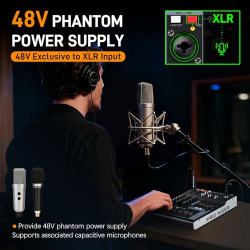 RM04 4Channel Audio Mixer Sound Board, Bluetooth Mixer USB Audio Interface, DJ Mixer with 2 XLR Combo Inputs, 24 Bit 192kHz Recording, Mixing Console for Podcast Live Streaming Home Studio - size: RM04 4-Channel Audio Mixer