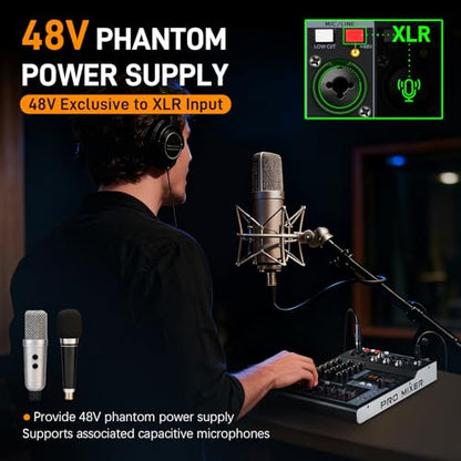 RM04 4Channel Audio Mixer Sound Board, Bluetooth Mixer USB Audio Interface, DJ Mixer with 2 XLR Combo Inputs, 24 Bit 192kHz Recording, Mixing Console for Podcast Live Streaming Home Studio - size: RM04 4-Channel Audio Mixer