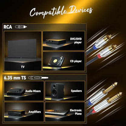 Tisino RCA to 1/4" Cable,Dual RCA to Dual 1/4" TS HiFi Audio Cable, 6.6 FT | 2 RCA to 2 1/4 Inch TS Stereo Patch Cable for Mixer, Amp, Home Theater, Gold-Plated OFC Shielded Audio Interconnect Cord - size: 6 feet