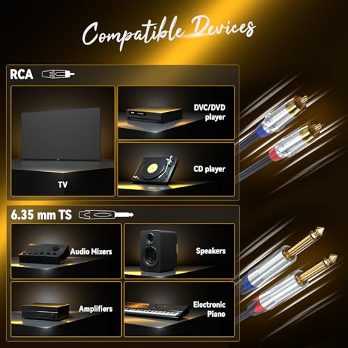 Tisino RCA to 1/4" Cable,Dual RCA to Dual 1/4" TS HiFi Audio Cable, 10 FT | 2 RCA to 2 1/4" TS Male Patch Cord for Mixer, Speaker, Amp, Gold-Plated Shielded HiFi Stereo Audio Interconnect Cable - size: 10 feet