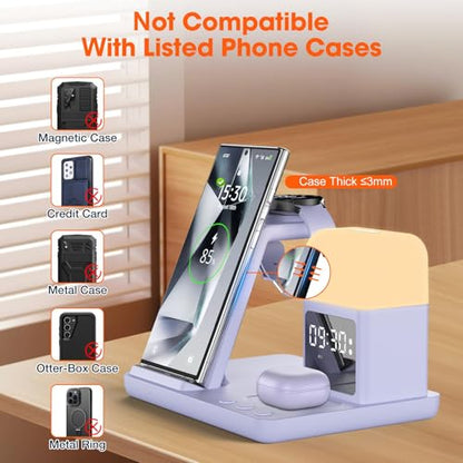 Wireless Charger for Samsung/Android Charging Station, 6 in 1 Fast Watch Charger with Alarm Clock-Night Light, Compatible for Galaxy S25 Ultra/S24, Only for Samsung Watch8/7, Galaxy Buds3 Pro(Purple) - color: Purple