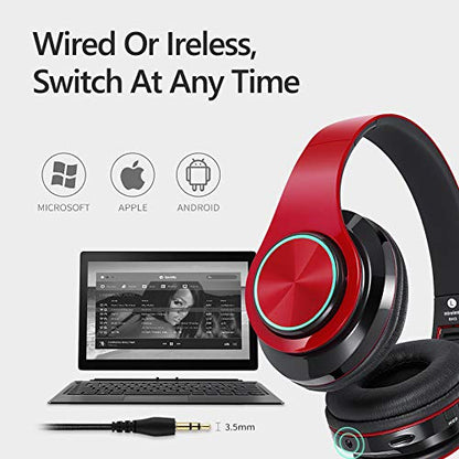 Wireless Bluetooth Headphones with Colorful LED Lights, Red Black | HiFi Stereo Sound,Light Weight,Foldable,Colorful Backlit,Rechageable,Over Ear Headset for PC/Travel/Class/Office/Kids/Adult - color: Red Black