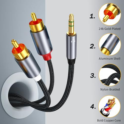 RCA to 3.5mm Aux Cable Braided, 4FT RCA to Aux Headphone Cable for Speaker, Subwoofer, Stereo Audio Cord