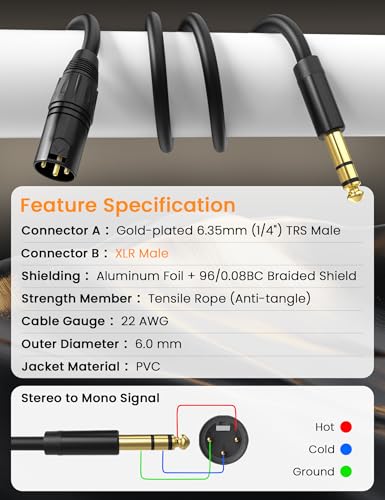 Sinoacc XLR to 1/4, XLR Male to TRS 6.35mm Cable, Quarter Inch to XLR Male Cable for Speakers, Mixers, Amplifiers - 22AWG, Dual Shielded, Balanced, Gold-Pin Connectors, 3.3ft