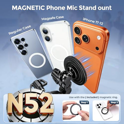 Magnetic Phone Holder for Mic Stand, 360° Rotatable Phone Mount with Clamp | All-Metal Clip Phones Mount for Microphone & Music Stands, Compatible with Magsafe & iPhone 17/16/15/14/13/12