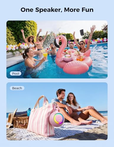 Bluetooth Shower Speaker IPX7 Waterproof: Removable Suction Cup, Pink | 360° Surround Sound, Vacuum-Lock, RGB Light, Portable Wireless Speaker for Beach, Pool, Kayak, Gifts for Adults Teens - color: Pink