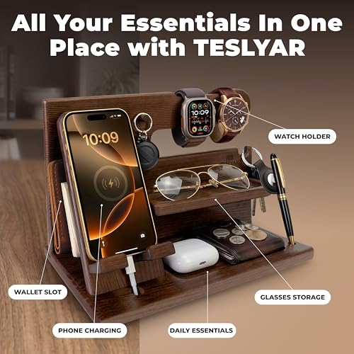 TESLYAR Wood Phone Docking Station for Men - Desk or Nightstand Organizer - Birthday Gifts for Husband, Dad - Anniversary Idea from Wife - Key Holder, Stand Wallet, Watch & Essentials (Bourbon Brown) | Mens Bedside Organiser with Key Holder, Wallet & Watc