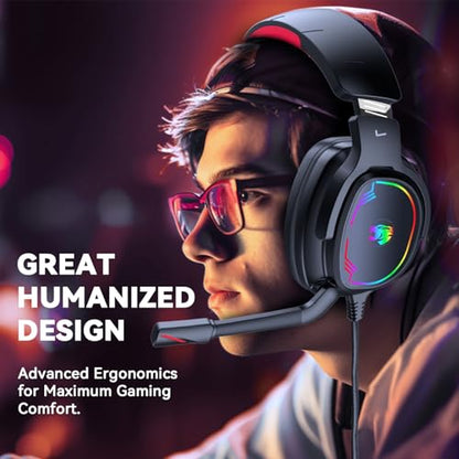 Jimonyer Gaming Headset with Microphone, 7.1 Surround Sound and Noise Canceling Over Ear Headphones for PC, PS4, PS5,Xbox Series,Switch, RGB Light and Soft Imitation Protein Earmuffs (Red) - color: Red