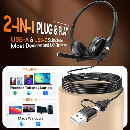 USB Headset with Microphone for PC，Wired Computer Laptop Headset with Noise Cancelling Microphone, Work Headphones with Mic for Home Office Teams Zoom (USB-A&C)-Black