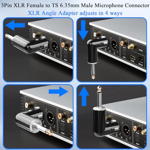 QIANRENON Adjustable 90° Angle XLR Female to 1/4 TS Microphone Adapter 3Pin X-lr Socket to TS 6.35mm Male Mono Unbalanced Right Angle Connector XLR Jack Position Tunable, for Guitar Amplifier Mixer