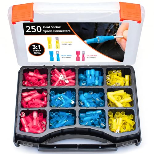 Wirefy 250 PCS Heat Shrink Spade Connector Kit - Male and Female Spade Wire Connectors - Quick Disconnect Electrical Terminals - 22-10 Gauge - size: 22-10 Gauge, style: Male/Female Spades Kit