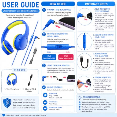Kids Headphones with Mic, 85/94dB Volume Limit, 3.5mm & USB-C - color: Blue Lemon