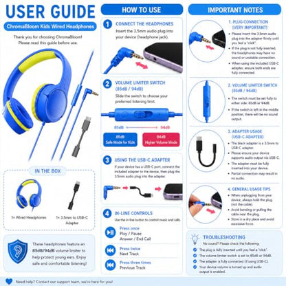Kids Headphones with Mic, 85/94dB Volume Limit, 3.5mm & USB-C - color: Blue Lemon