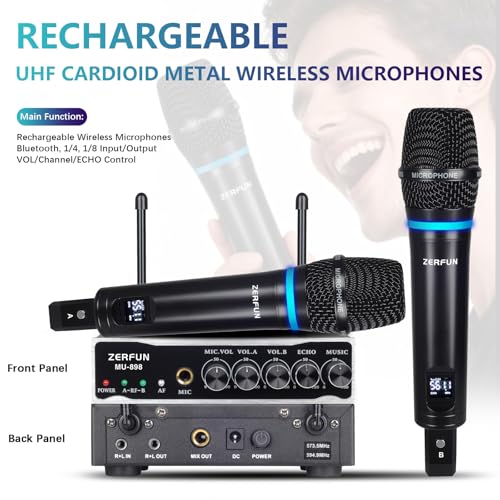 2 Channel Rechargeable Wireless Microphone System, Pro UHF Metal Handheld Wireless Microphones Cordless Mics with Echo Bluetooth VOL Channel Control for Karaoke Singing Church(MU-898)