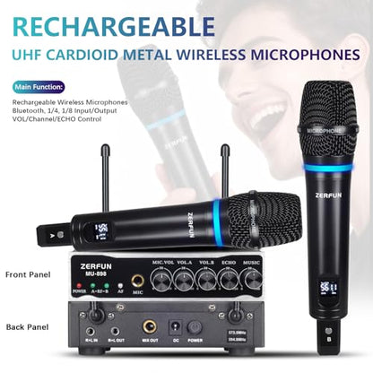 2 Channel Rechargeable Wireless Microphone System, Pro UHF Metal Handheld Wireless Microphones Cordless Mics with Echo Bluetooth VOL Channel Control for Karaoke Singing Church(MU-898)