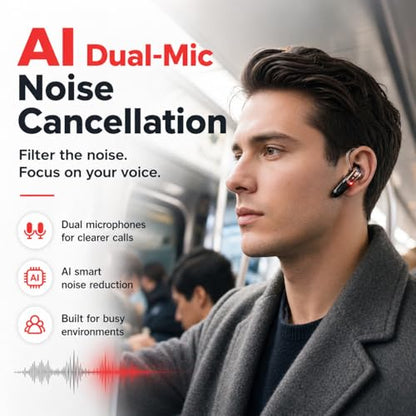 Bluetooth Earpiece Headset V6.0 with Noise Cancelling & 38 Hours Talk Time – Trucker Handsfree Earpiece, Dual Device Pairing, Single Ear Wireless Headphone for Cell Phone (Black with gold frame)