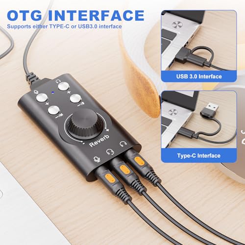 Facmogu Voice Changer with Multi Sound Effects, Portable USB 3.0/ Type-C to 3.5mm Jack Game Voice Changer, Virtual 7.1 Surround Sound Voice Disguiser Device for PS4/ PS5/ Windows、MacOS PC/Laptop/Phone