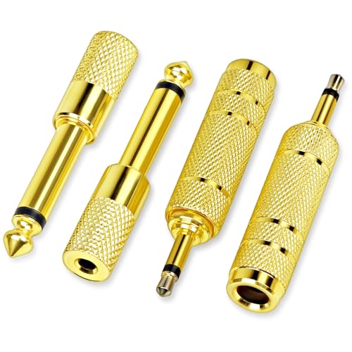 4-Pack Headphone Adapter Set(Gold Plated), 1/8 (3.5mm) and 1/4 (6.35mm) Adapter Mono(TS), Audio Jack Converter for Guitar, Amp, Studio, Zero Signal Loss