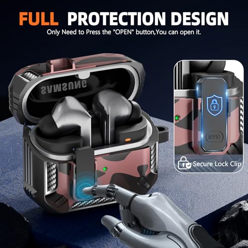 Safety Lock Case for Samsung Galaxy Buds3 FE/3/3 Pro (C-Red) | with Secure Lock Clip & Cleaning kit Full Body Shockproof Carbon Fiber Protection Design - color: B-C-Red