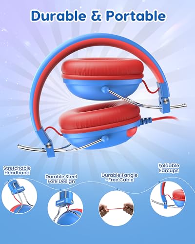awatrue Kids Headphones, 74/85dB Volume Limiter, 3.5mm Jack Blue Red HK05 - color: Blue-Red