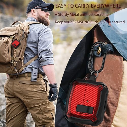 Compatible Samsung Galaxy Buds 3 Pro Case/Bud 3 Cover Clip with Cleaner Kit, Military Shell Protective Armor Case Cover with Lock & Carabiner for Galaxy Buds 3/3 Pro 2024 Men Women Black Red - color: Black-Red