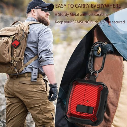 Compatible Samsung Galaxy Buds 3 Pro Case/Bud 3 Cover Clip with Cleaner Kit, Military Shell Protective Armor Case Cover with Lock & Carabiner for Galaxy Buds 3/3 Pro 2024 Men Women Black Red - color: Black-Red